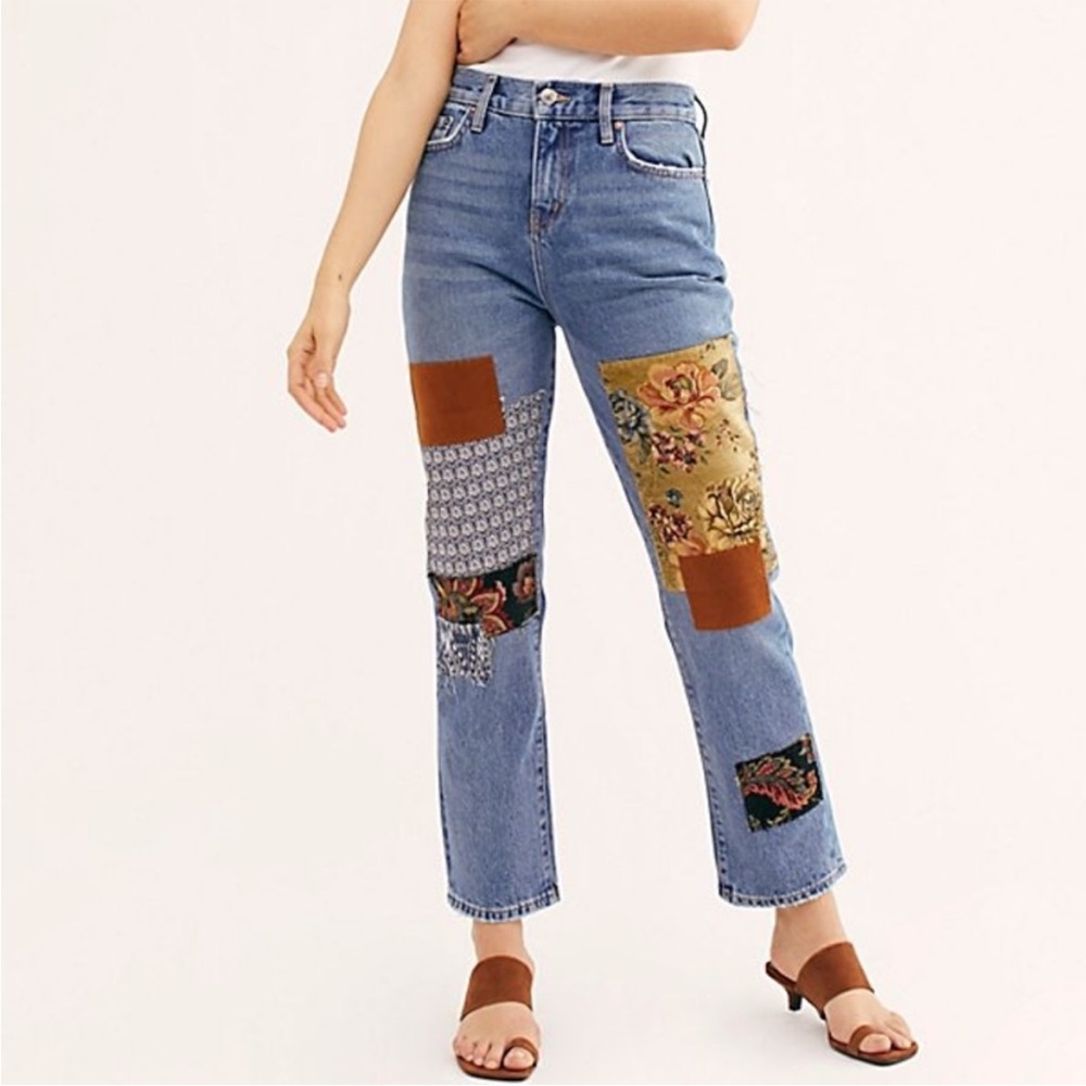 Free People Jeans Blue Size 25 We The Free Poppy Patch Denim Jeans NWT - Picture 2 of 15
